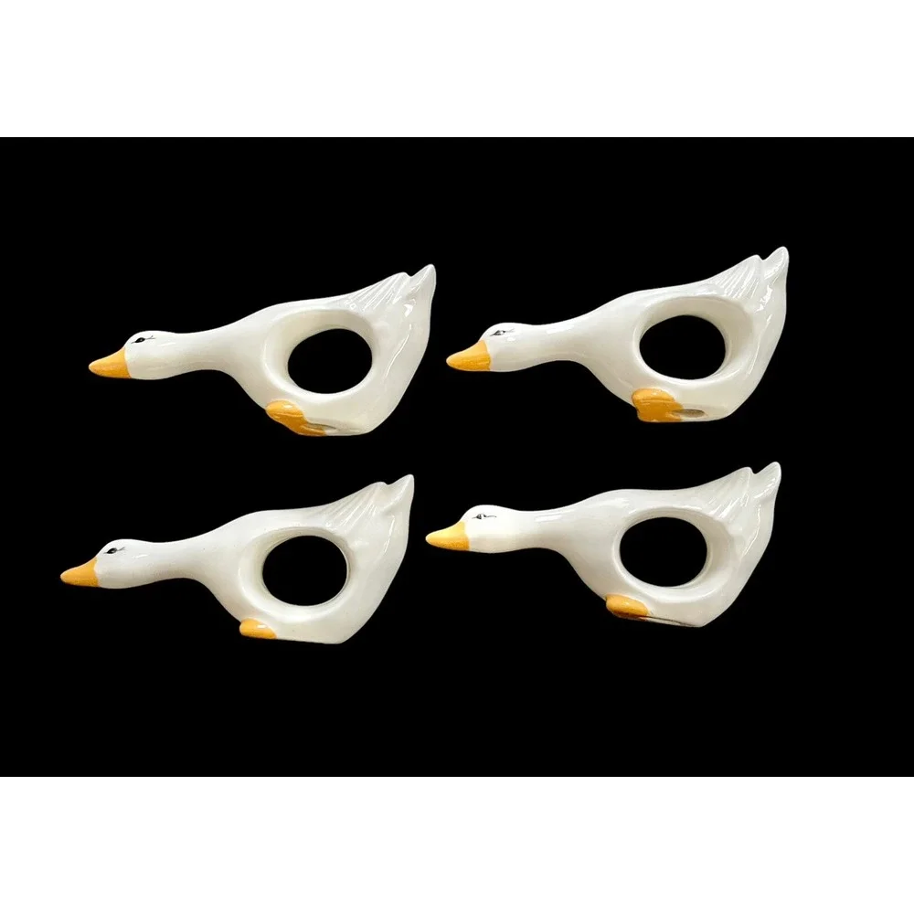 Set Of 4 Vintage Ceramic Geese/ Duck/ Swan White‎ Napkin Rings 4.5